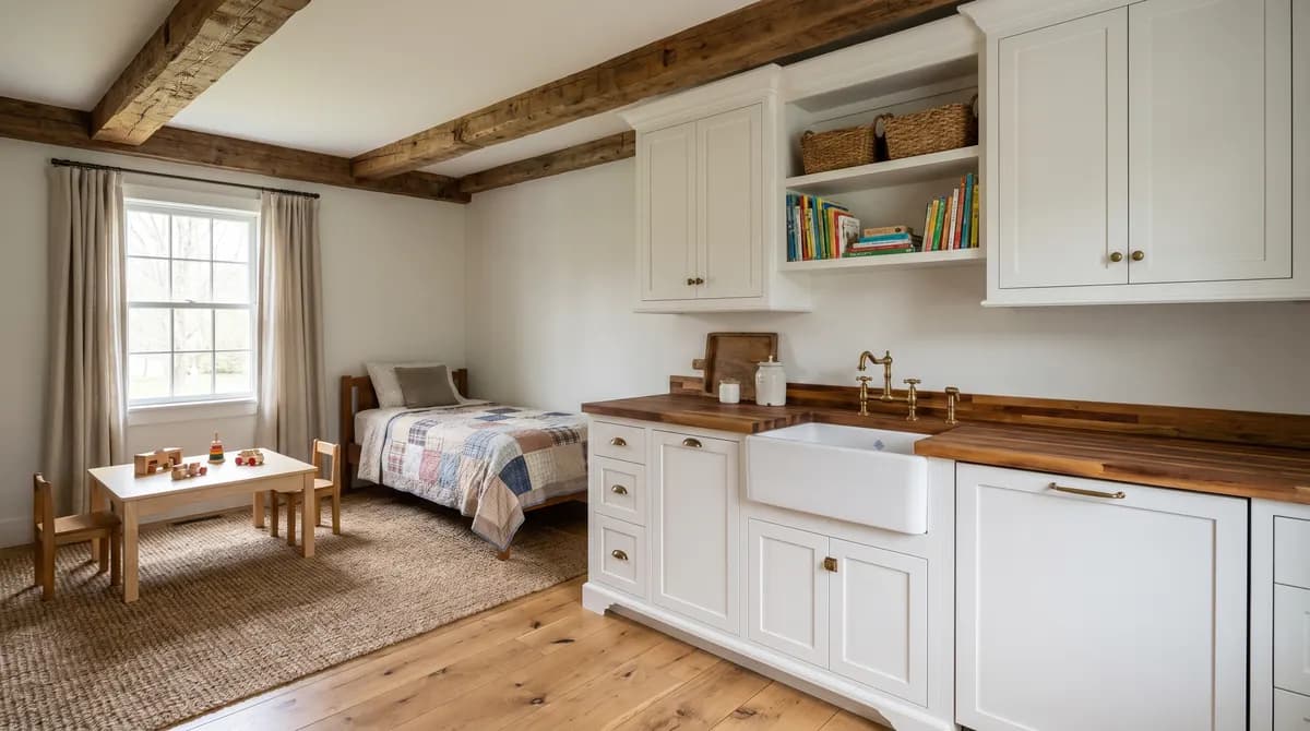 Shiplap ทาขาวด้านหลังเตียงเดี่ยวซี่ไม้กลึงวินเทจ