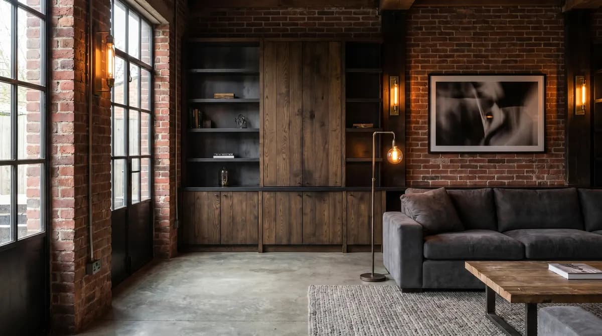 Un divano Chesterfield in pelle cognac invecchiata contro una parete in mattoni rossi a vista.