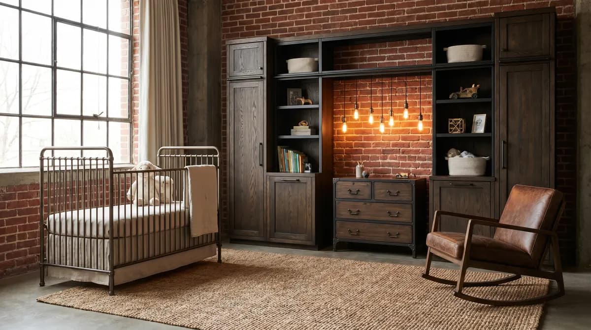 A matte black metal crib set against a whitewashed brick wall.