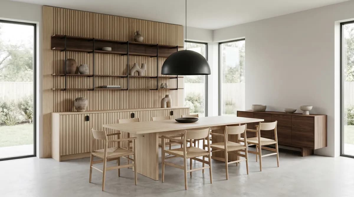 Hand-troweled limewash wall behind a long walnut dining table