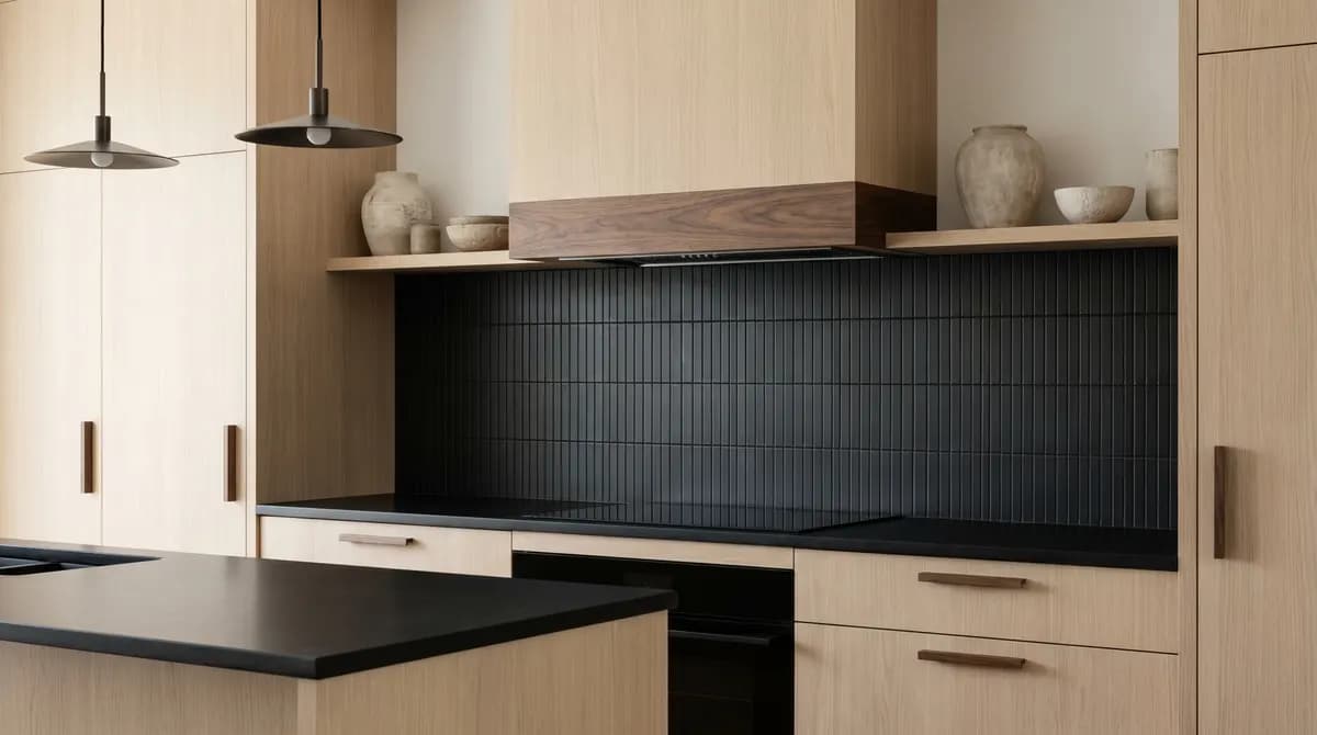 Dark-stained oak slat cabinets with concealed finger pulls and a light concrete floor.
