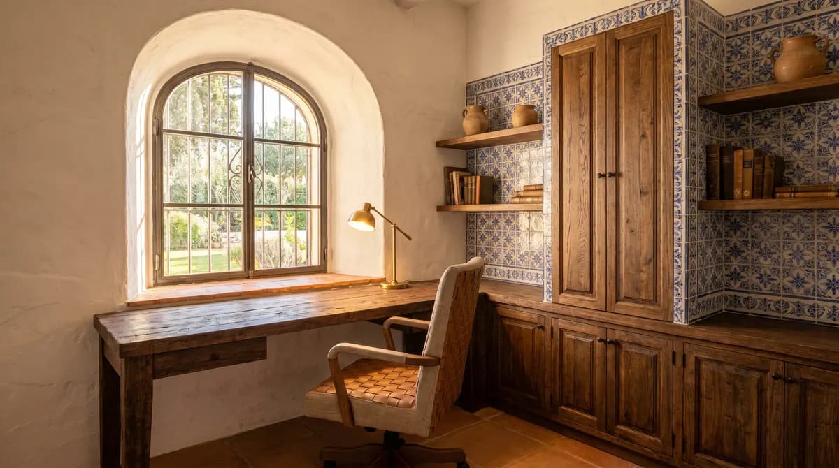 Hand-troweled lime plaster wall in warm oat with a single shadow line