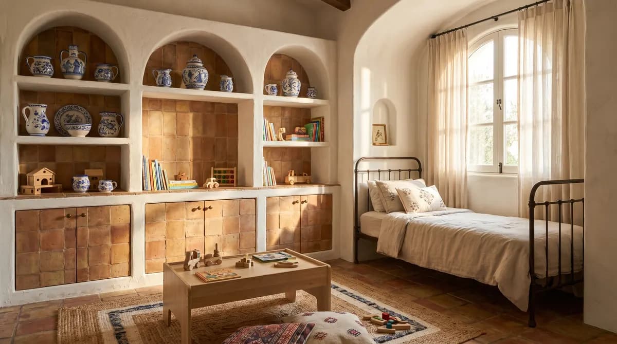 Parede de reboco aplicado à colher em rosa argila atrás de uma cama baixa de rattan