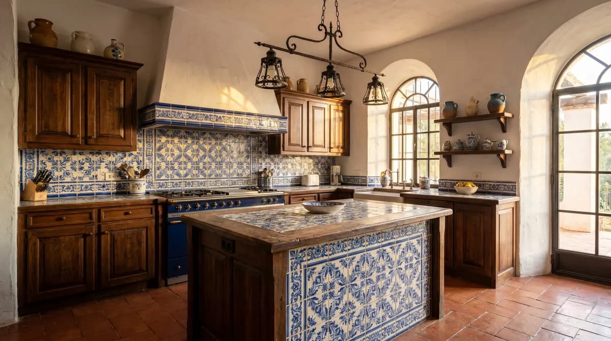 Rustic ceiling beams spanning a large, weathered wood island.