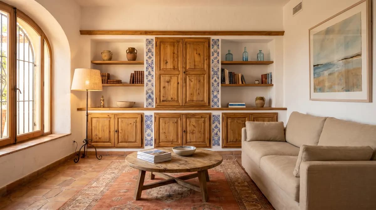 Hand-troweled plaster wall with arched niche over the sofa