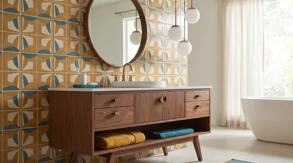 Mobile lavabo flottante in noce con angoli arrotondati e maniglie a stelo in ottone