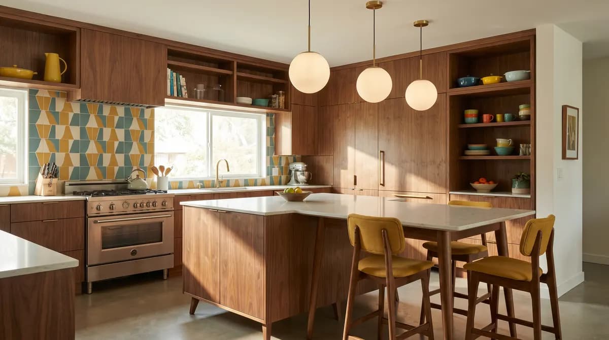 Meubles en noyer à panneaux plats avec poignées languettes minimalistes en laiton.