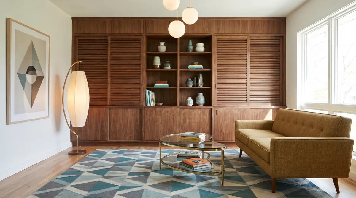 Credenza bassa in noce con gambe affusolate e ferramenta a stelo in ottone