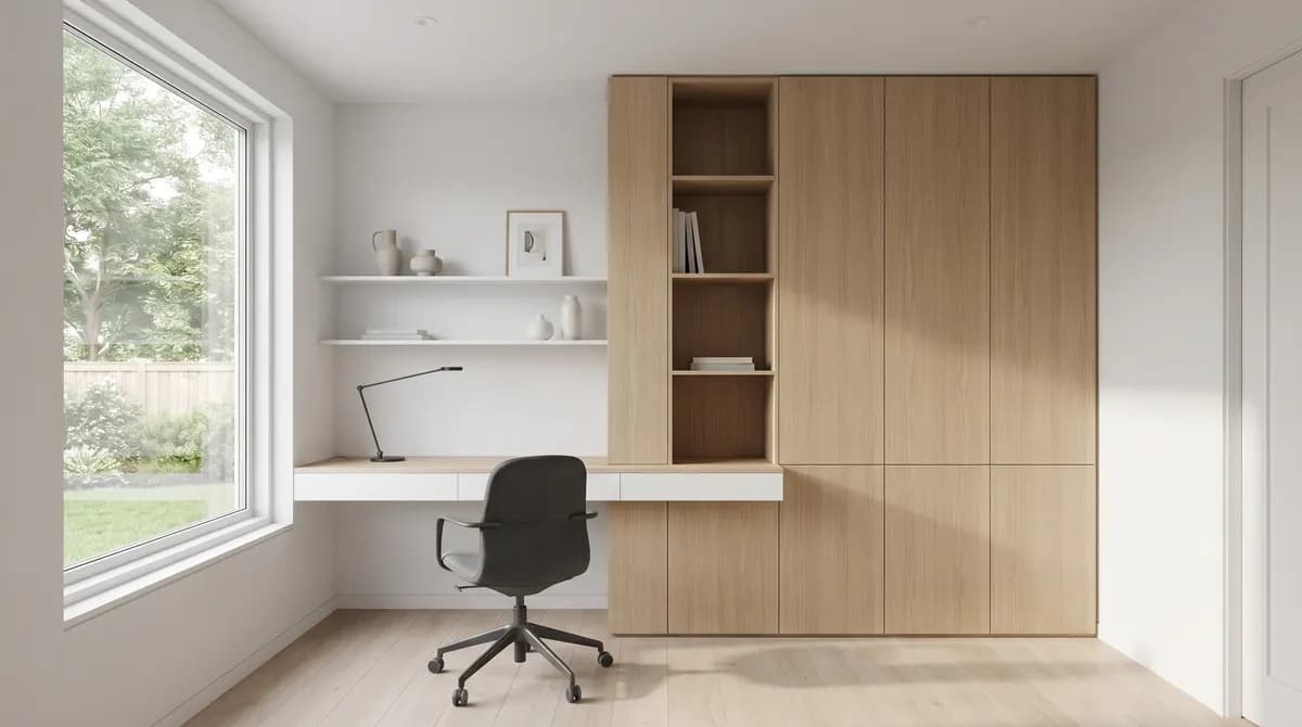 Smooth lime plaster wall behind a single floating oak desk