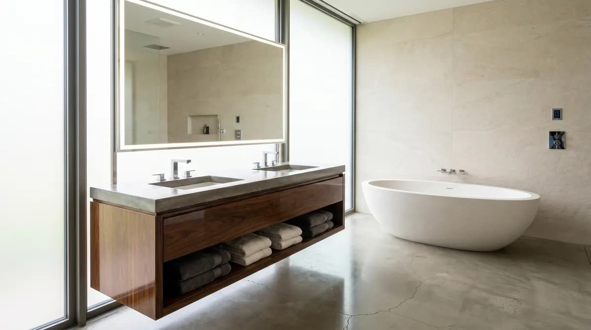 Large-format porcelain detail on a walk-in shower wall