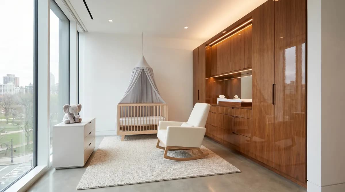 A sleek, light maple convertible crib with tapered legs against a deep teal wall.