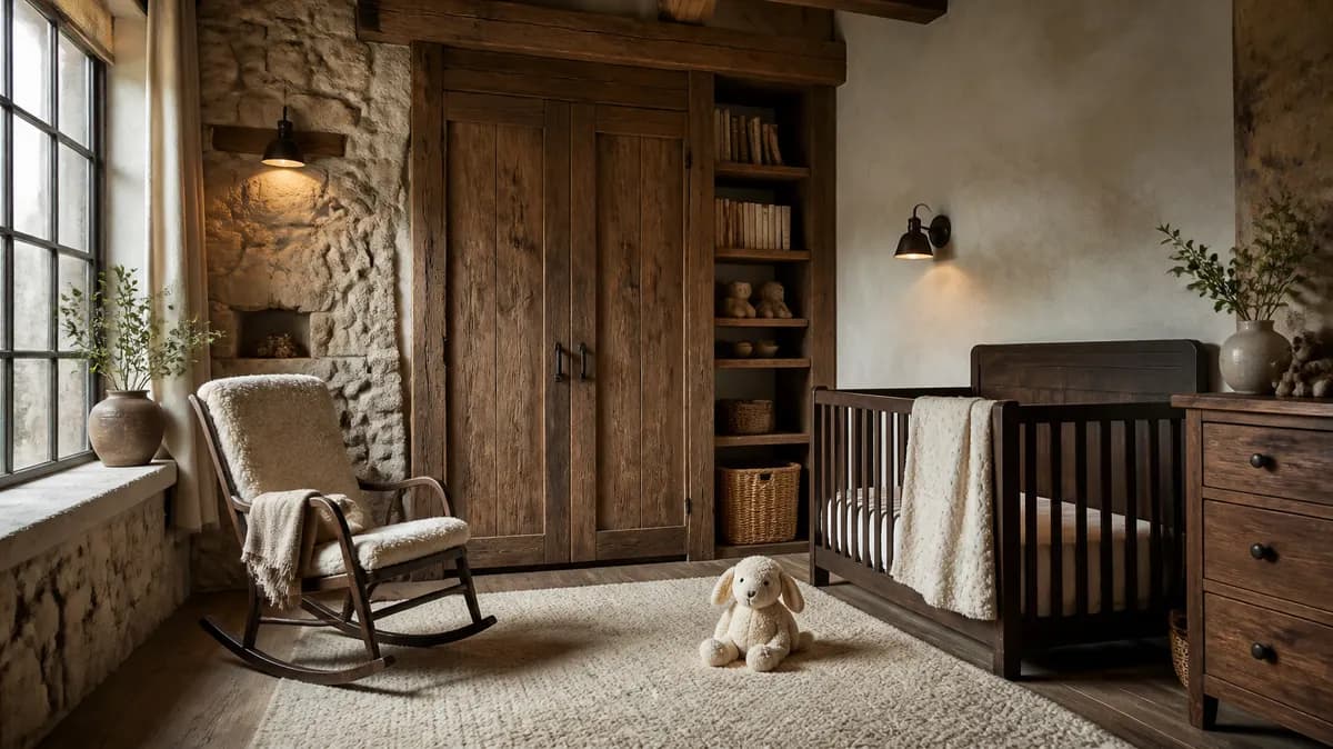 Reclaimed-pine slatted crib with linen bumper and wool blanket