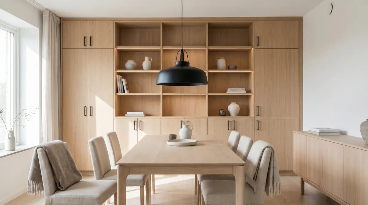 Detalhe da borda da mesa em carvalho claro com trilho de linho e tigela de grés