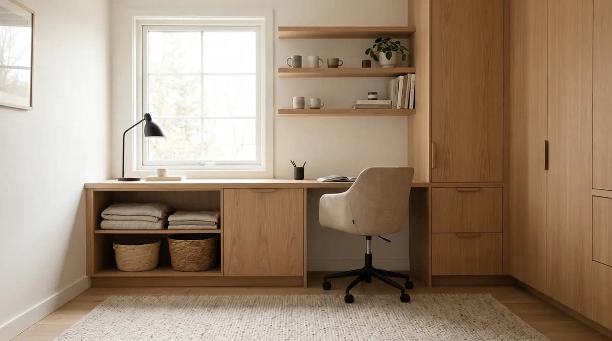 A solid white oak trestle desk against a pure white wall, paired with a classic wishbone chair.
