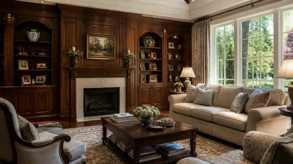 Sofa Chesterfield lengan melengkung dari linen krem dengan fringe bullion.
