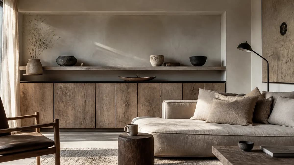A low-slung, reclaimed oak platform bed with rumpled, unbleached linen sheets.