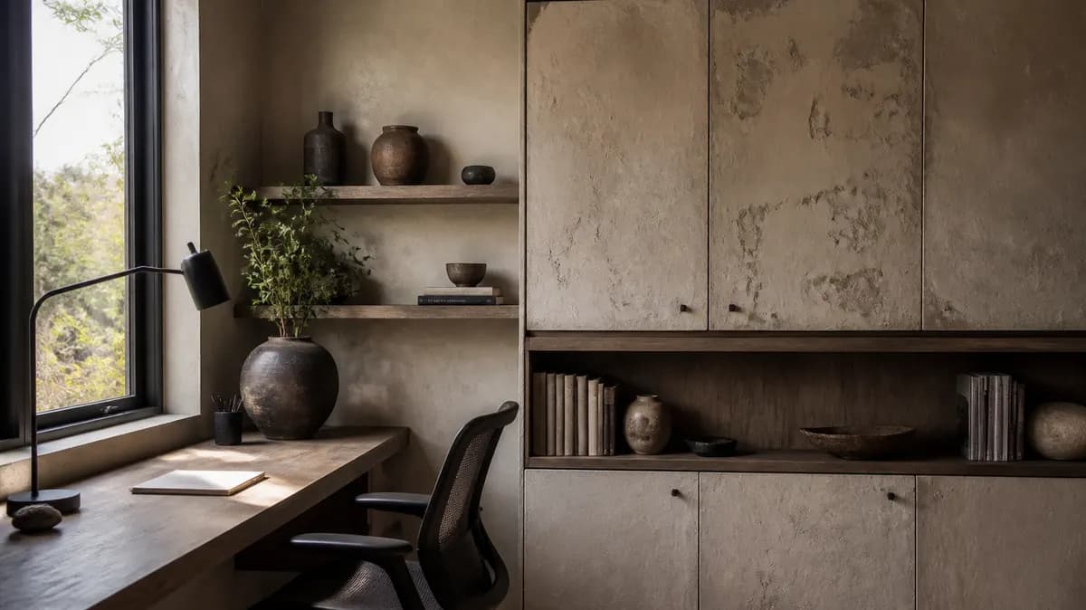 Live-edge walnut slab desk with hand-thrown ceramic lamp
