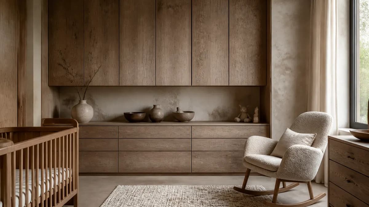 Solid-walnut slatted cot against hand-trowelled plaster wall