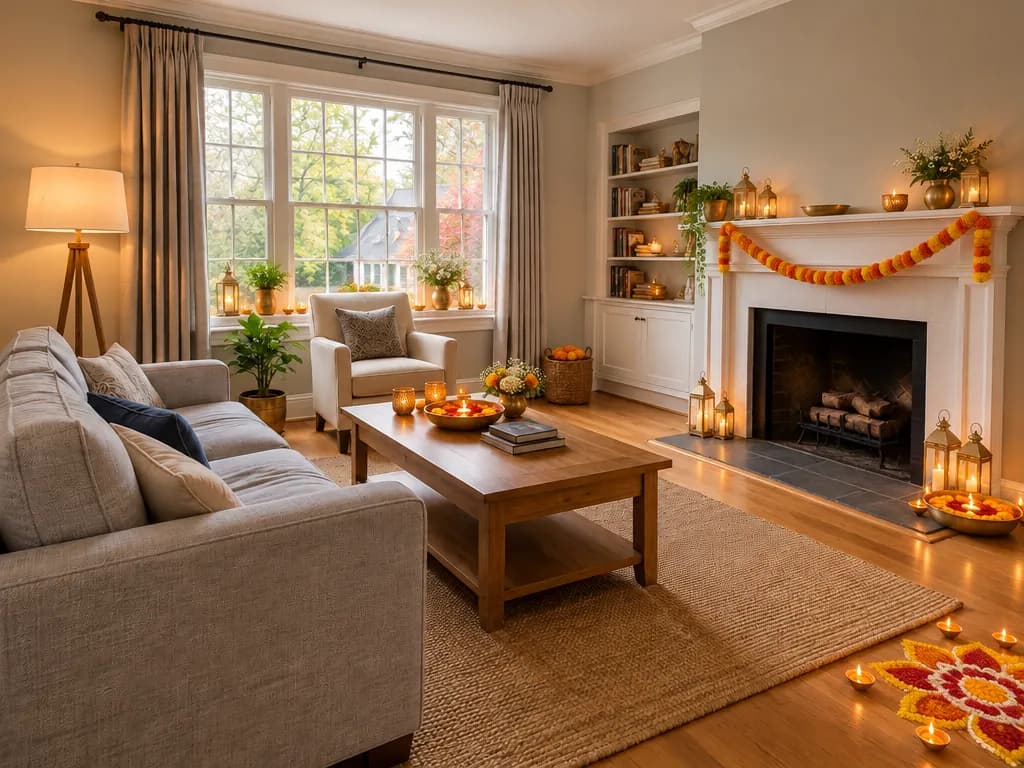 The same living room decorated for Diwali in the GenRoom Studio