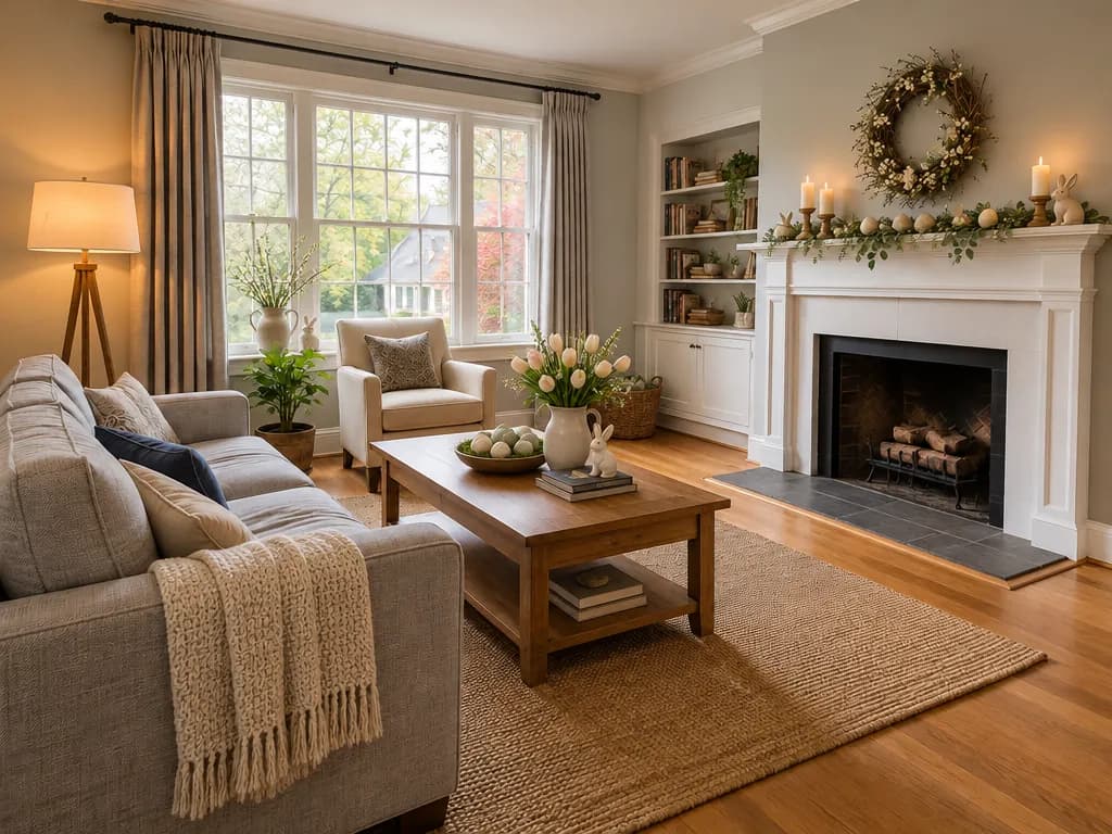The same living room decorated for Easter in the GenRoom Studio