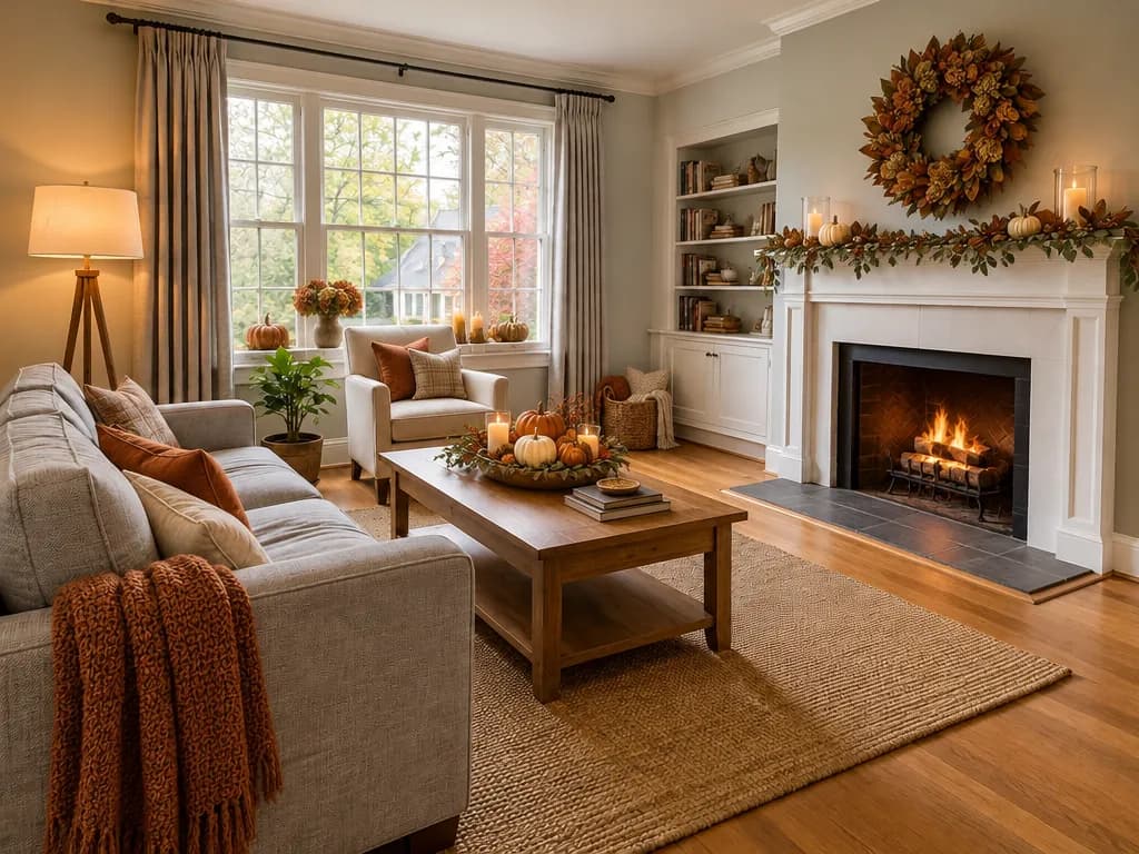The same living room decorated for Thanksgiving in the GenRoom Studio