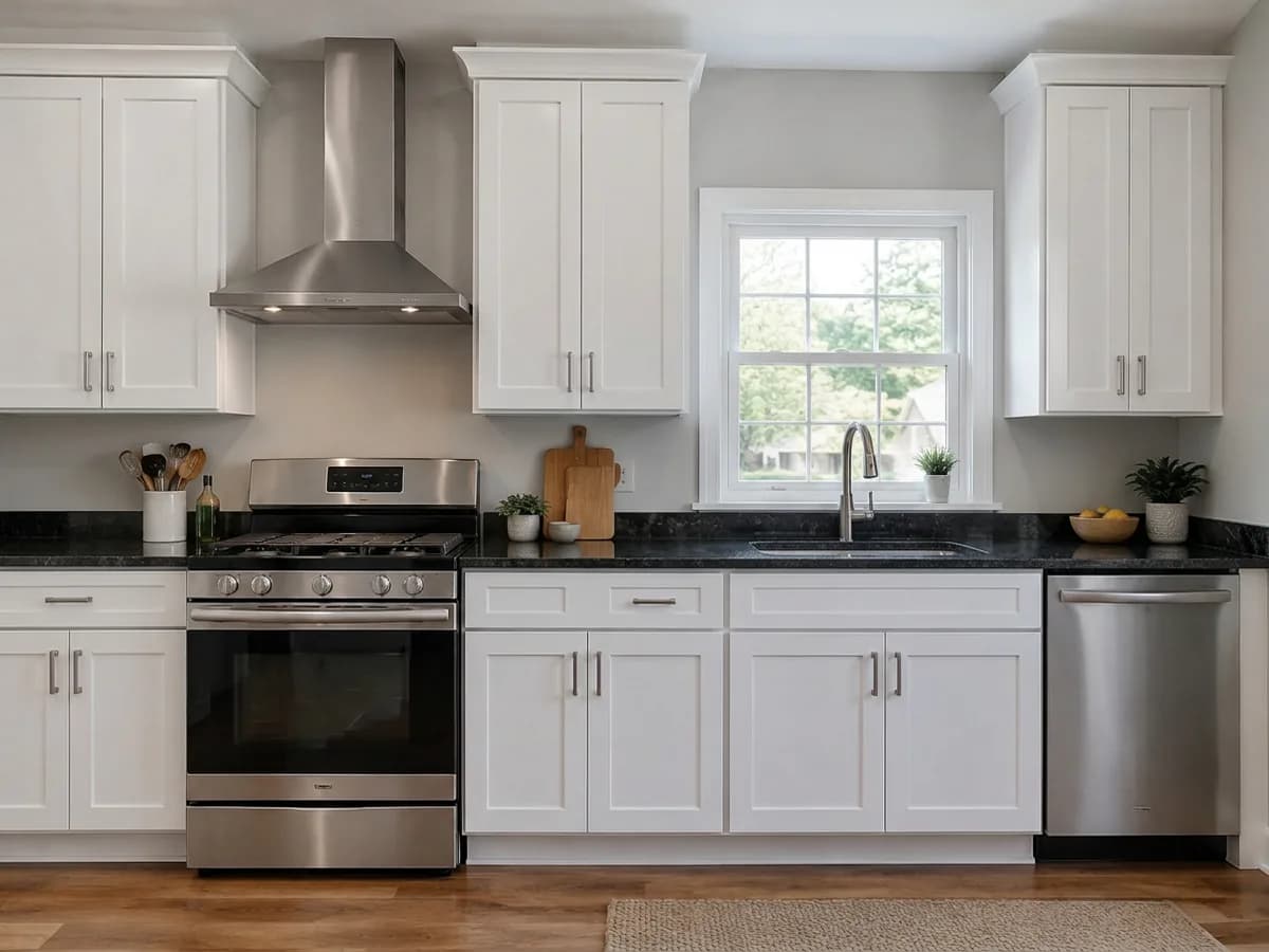 The same kitchen with a Black granite countertop