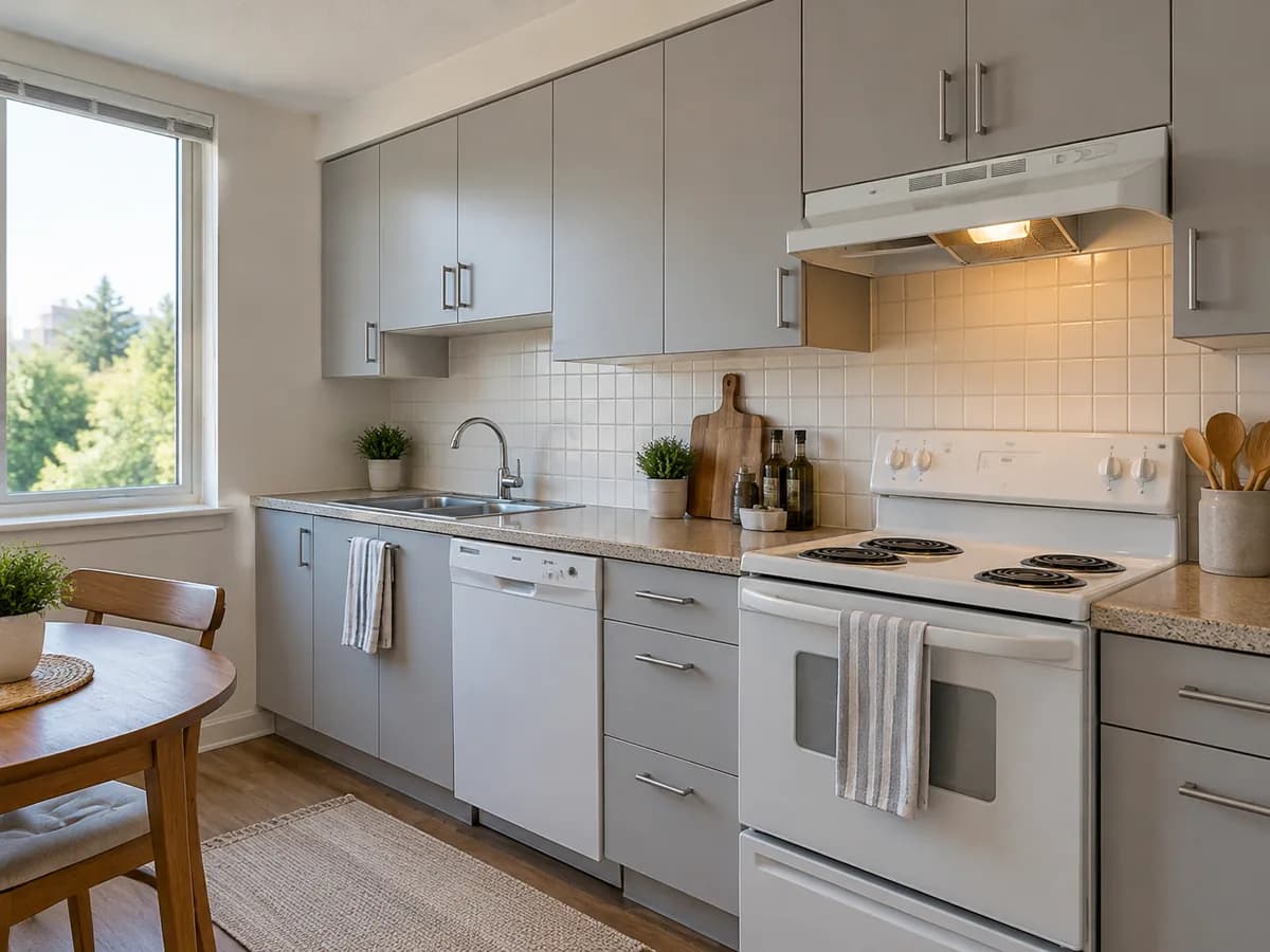 A rental kitchen with gray cabinets and a small cream tile backsplash