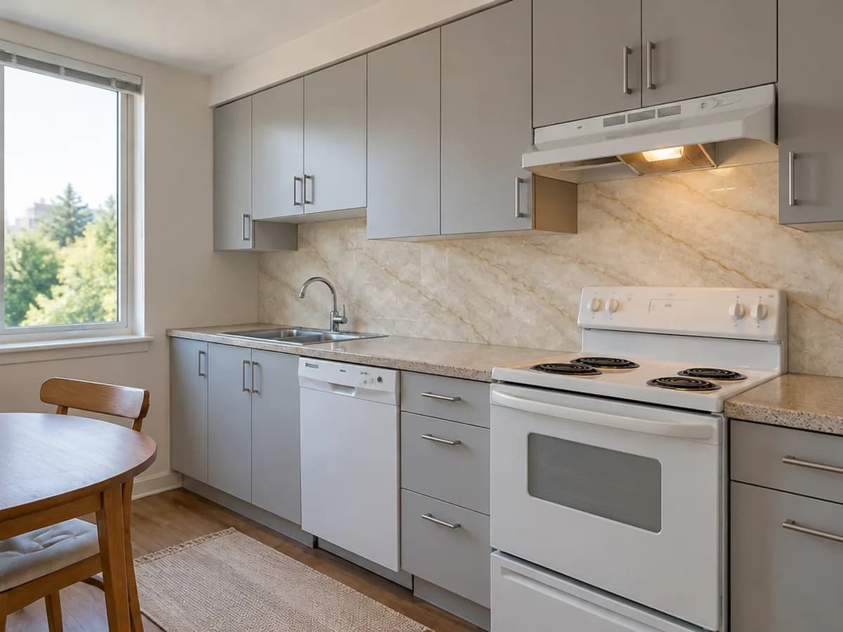 The same kitchen with a Taj Mahal quartzite slab backsplash