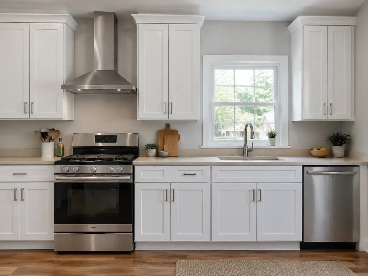 A kitchen with white shaker cabinets, a beige laminate countertop and a plain painted wall instead of a backsplash