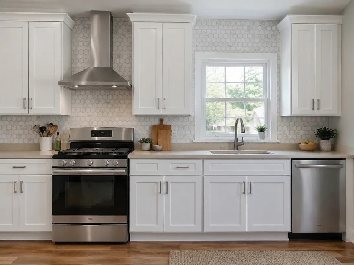 The same kitchen with a Marble hexagon mosaic backsplash