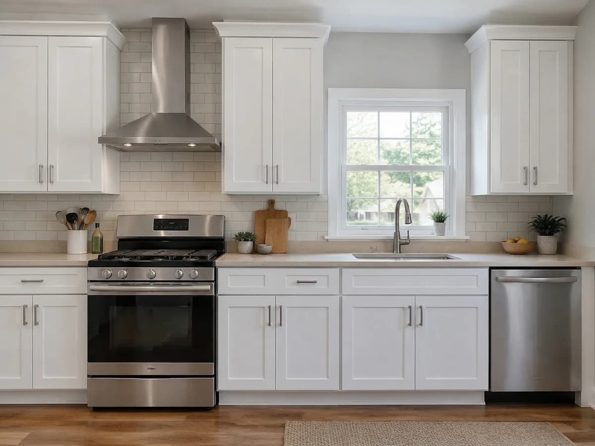 The same kitchen with a Light matte tile backsplash