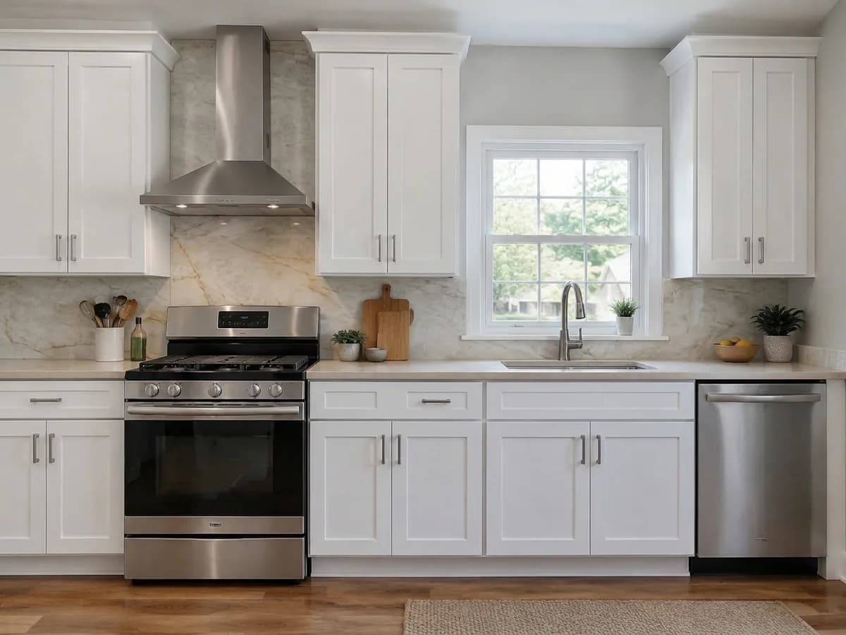 The same kitchen with a Taj Mahal quartzite slab backsplash