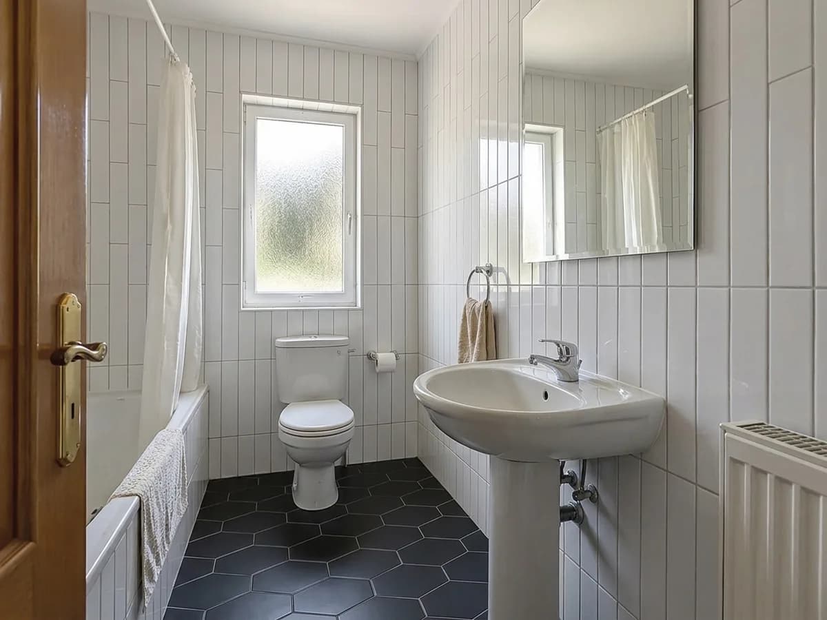 The same bathroom with White subway + black hex floor tiles