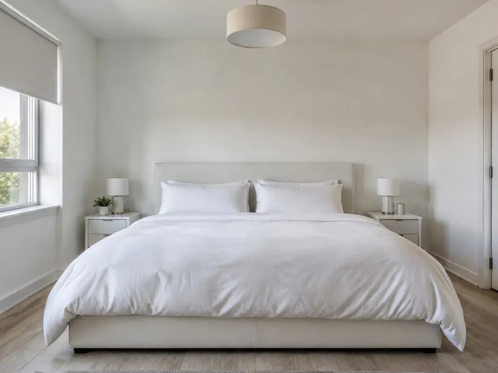 A plain bedroom with a white bed and white walls