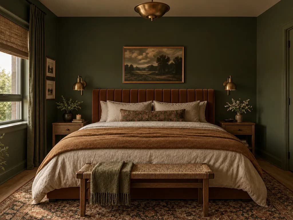The same bedroom with dark green walls, a rust velvet headboard and brass sconces