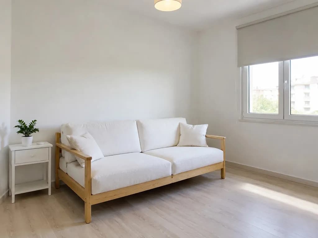 A plain room with a white daybed, a side table and a roller blind