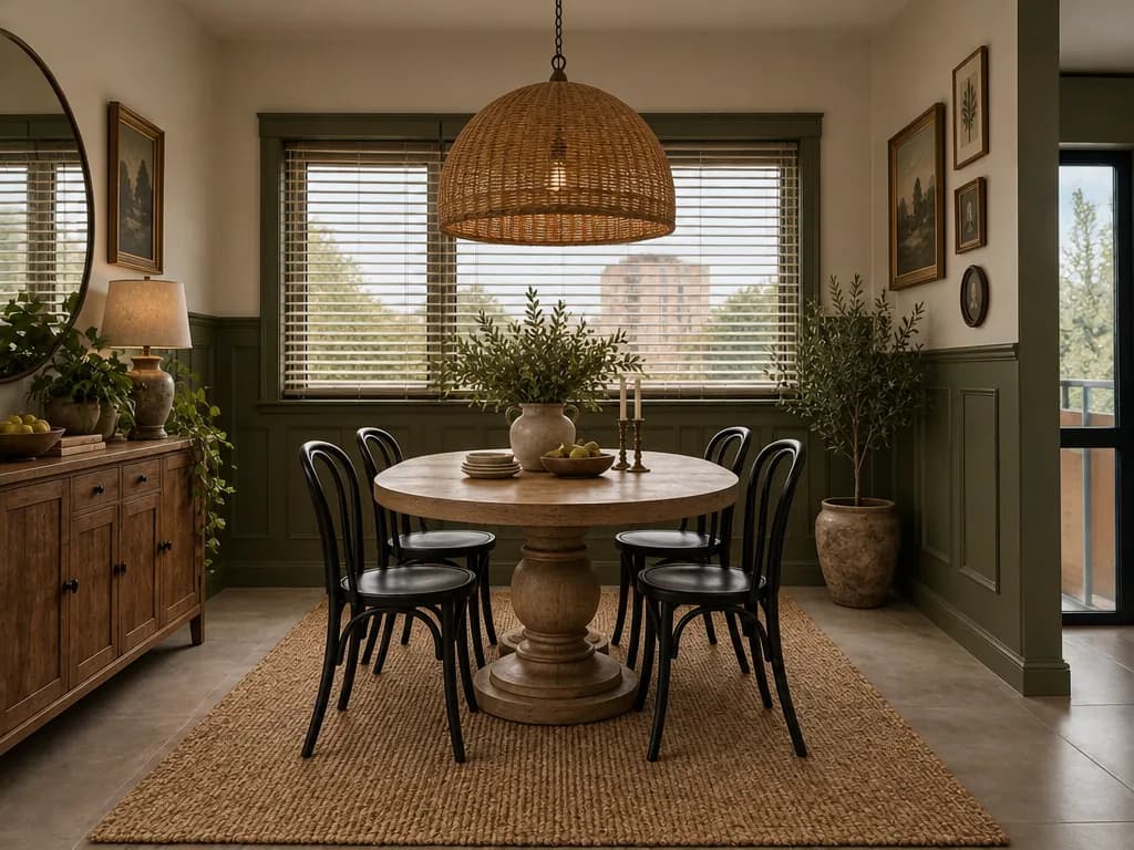 The same dining area with olive wainscoting, a round oak table and a rattan pendant