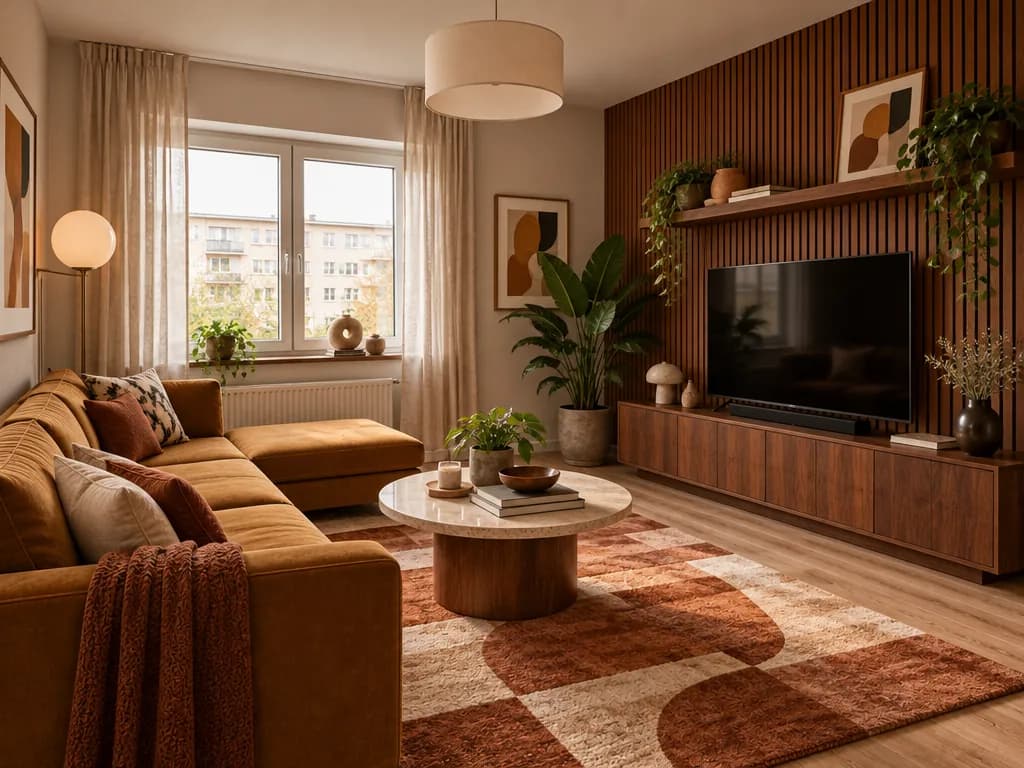 The same living room with a walnut slat wall, a cognac sofa and a terracotta rug