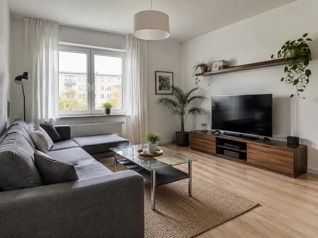 A plain living room with a grey corner sofa, a glass coffee table and a TV stand