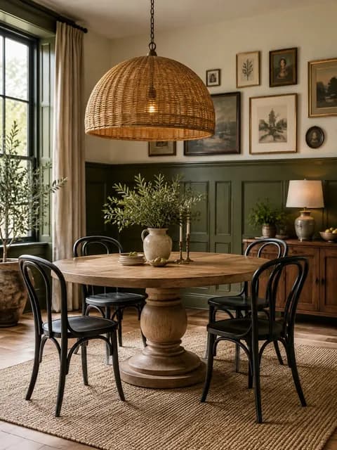 Inspiration picture: a dining room with olive wainscoting, a round oak table and black bentwood chairs