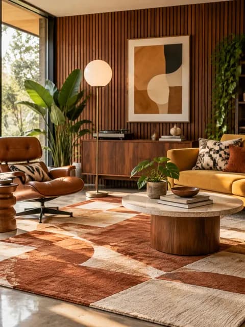 Inspiration picture: a mid-century living room with a walnut slat wall and a terracotta rug
