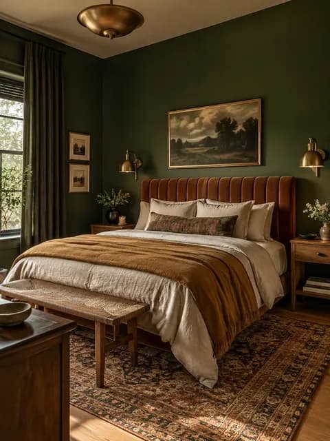 Inspiration picture: a bedroom with dark green walls, a rust velvet headboard and brass lamps