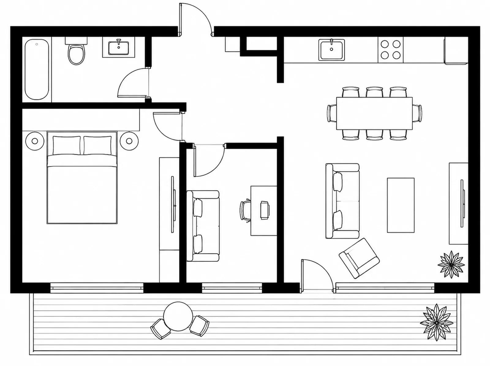2D floor plan of a one-bedroom apartment with a study and a balcony