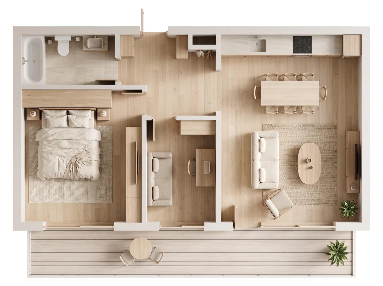 Furnished 3D top view drawn from the floor plan — Japandi