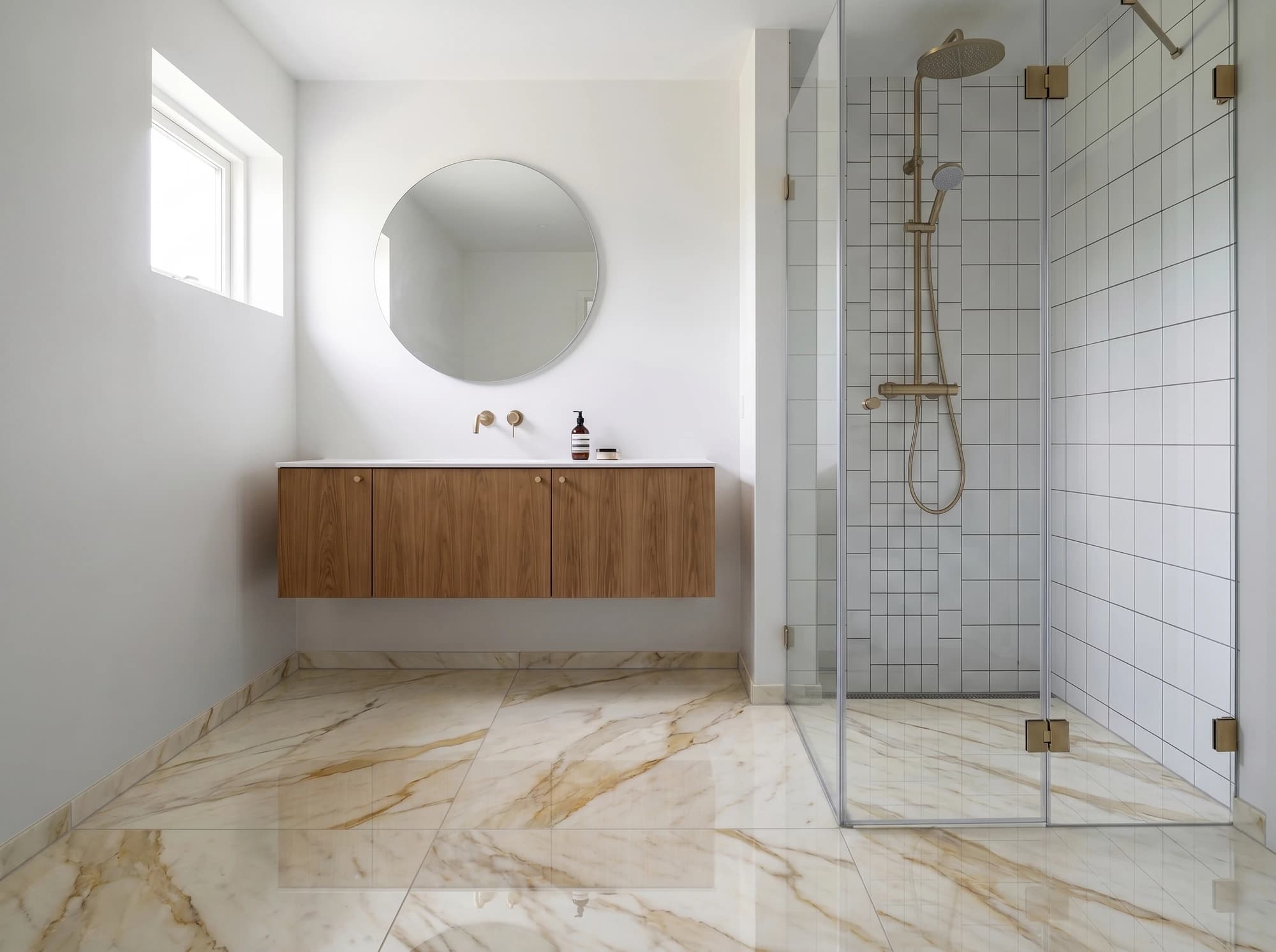 After: same room with Calacatta Marble surface — photorealistic AI material visualization
