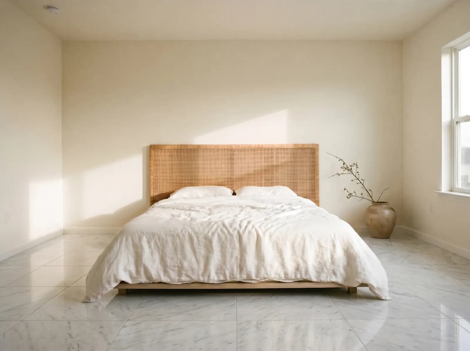 After: same room with Carrara Marble surface — photorealistic AI material visualization