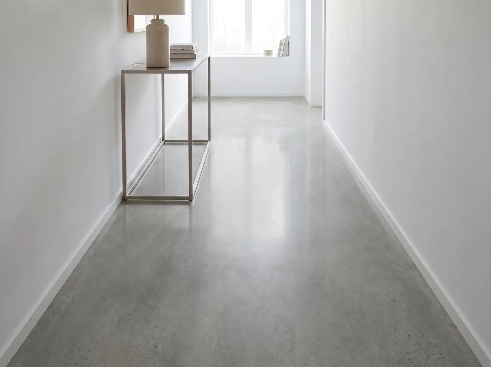 After: same room with Polished Concrete surface — photorealistic AI material visualization