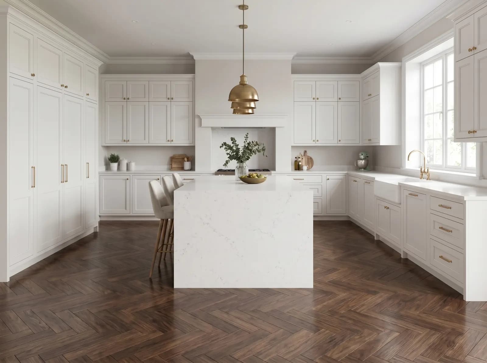 After: same room with Herringbone Walnut surface — photorealistic AI material visualization