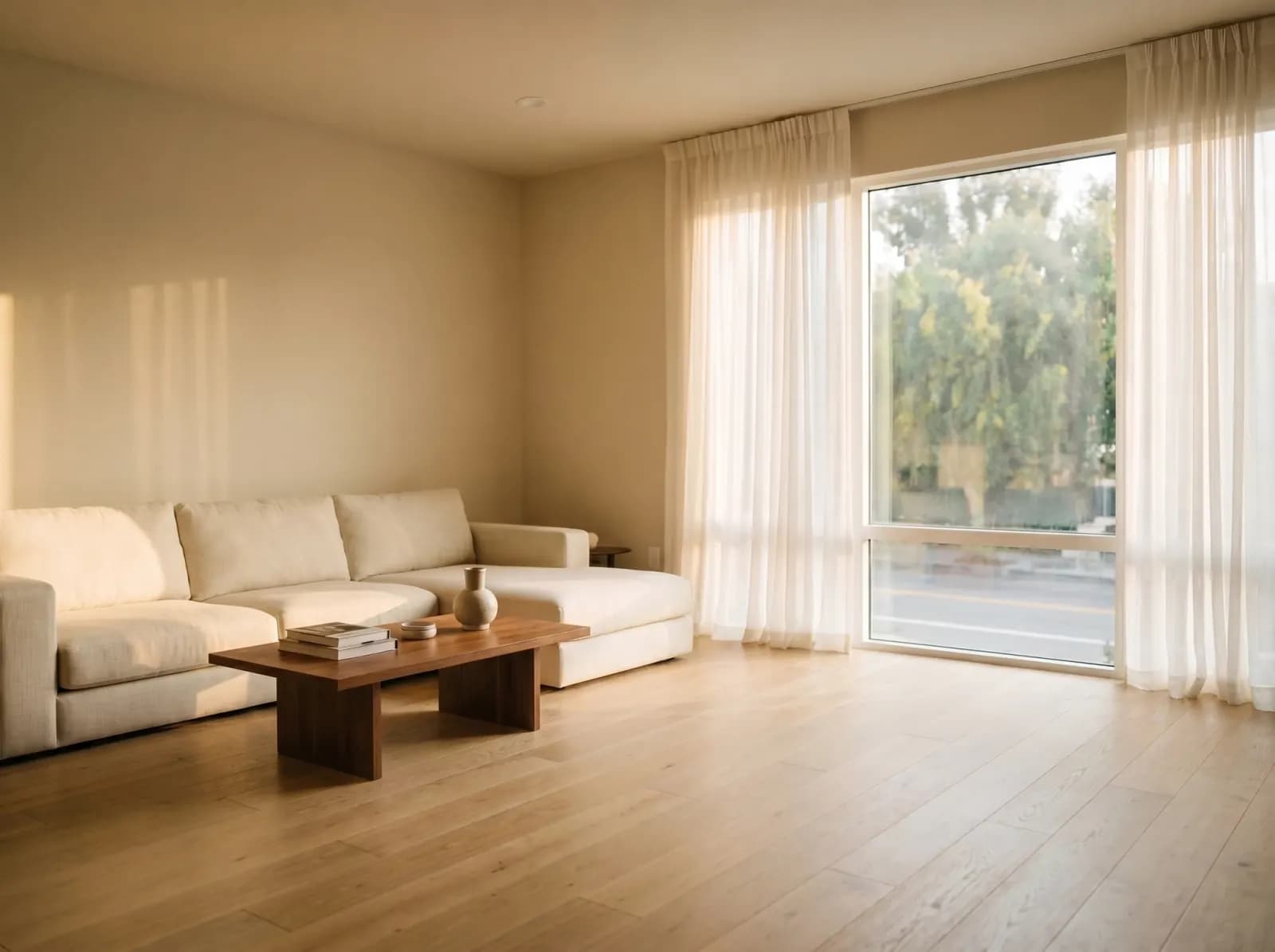 After: same room with White Oak Wide-Plank surface — photorealistic AI material visualization