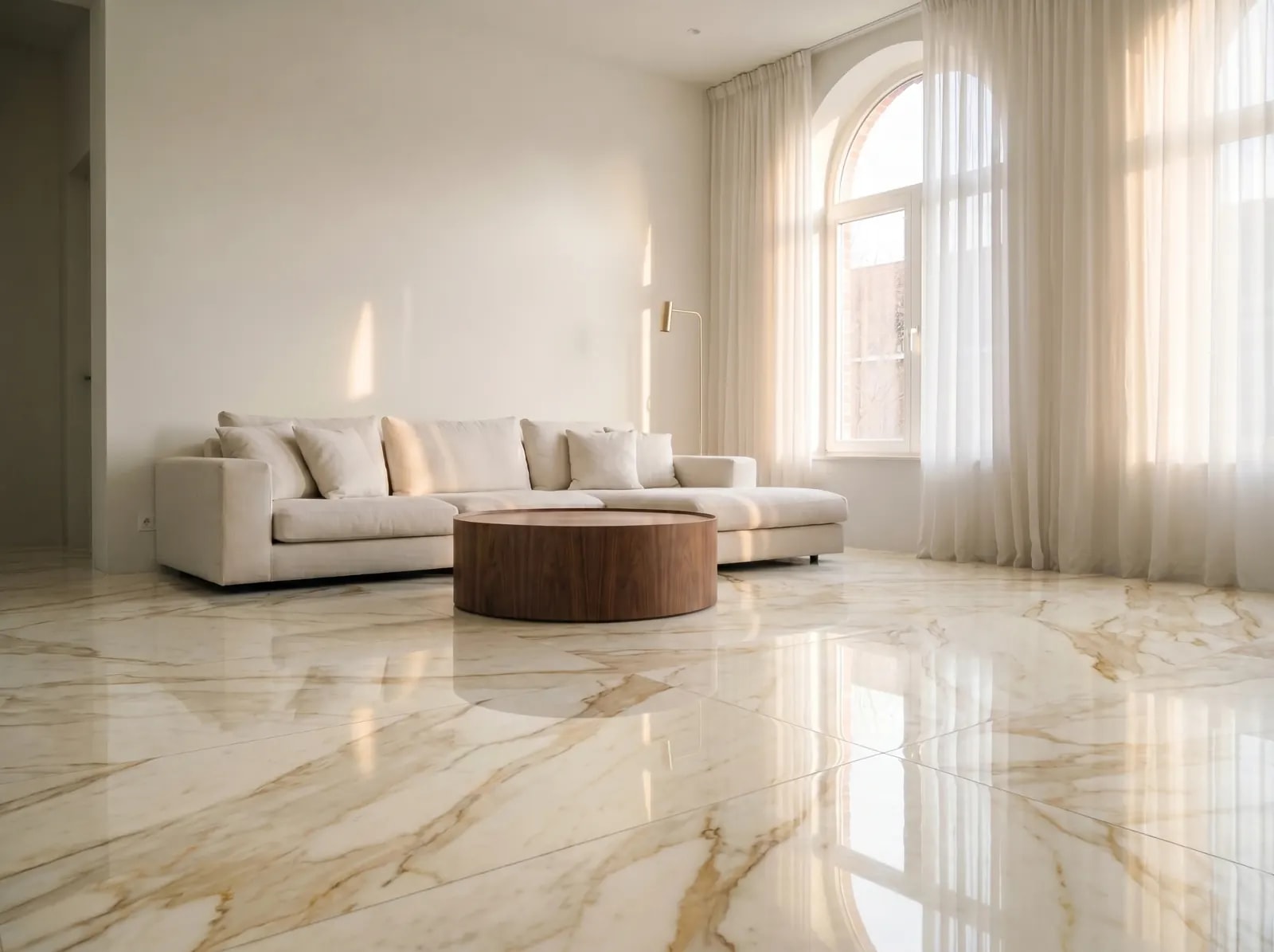 Calacatta Marble flooring on a living-room photo — AI flooring visualizer with photorealistic plank seams and grain